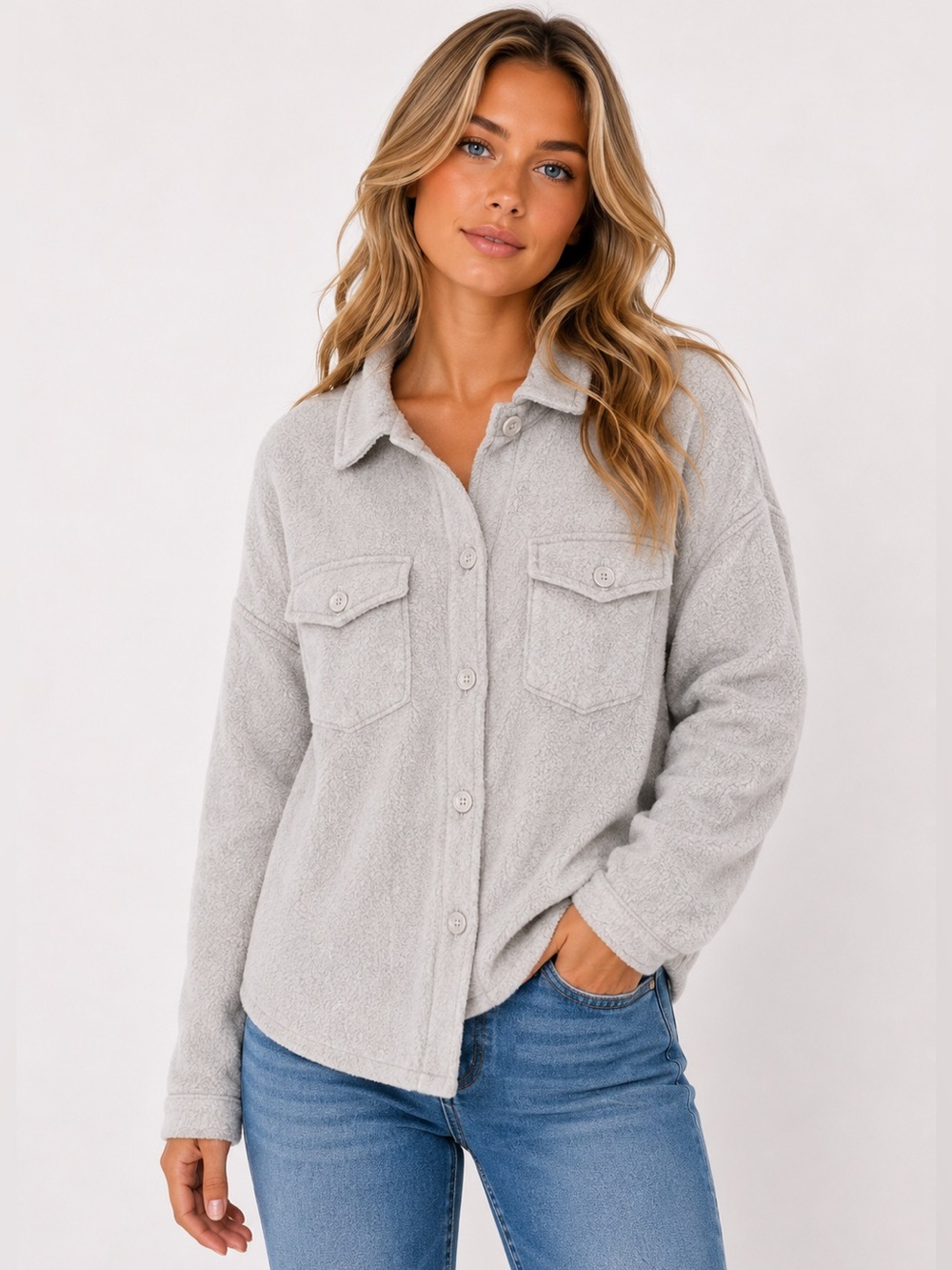 Hilary Radley Fleece Shacket Luxe Light Gray Elevated City Chic Parisian Scandi